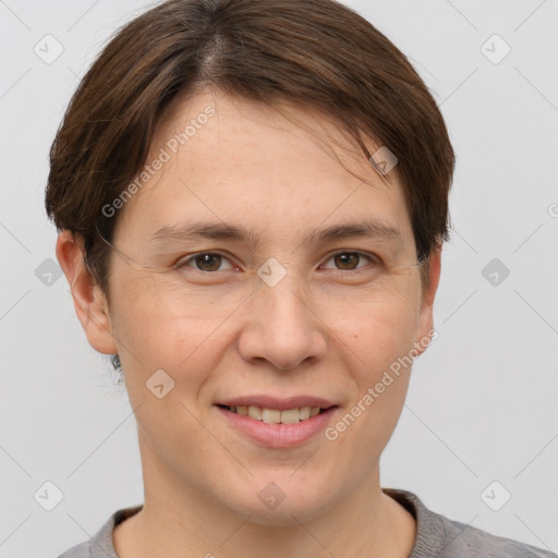 Joyful white young-adult female with short  brown hair and grey eyes