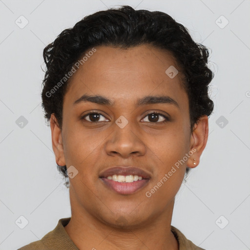 Joyful latino young-adult female with short  black hair and brown eyes