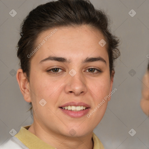 Joyful white young-adult female with short  brown hair and brown eyes