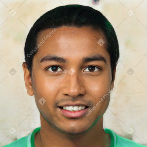 Joyful latino young-adult male with short  black hair and brown eyes