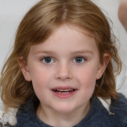 Joyful white child female with medium  brown hair and blue eyes