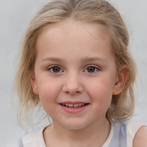 Joyful white child female with medium  brown hair and blue eyes