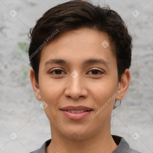 Joyful white young-adult female with short  brown hair and brown eyes