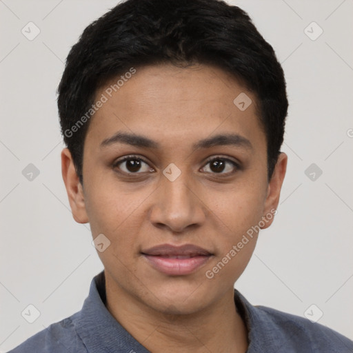 Joyful latino young-adult female with short  black hair and brown eyes