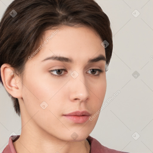 Neutral white young-adult female with medium  brown hair and brown eyes