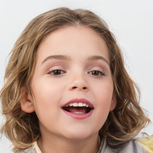 Joyful white child female with medium  brown hair and blue eyes