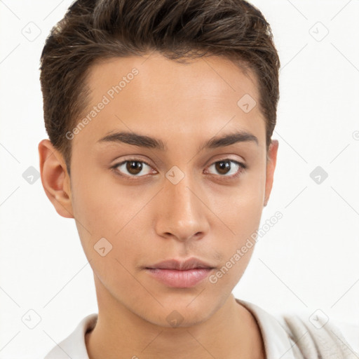 Neutral white young-adult male with short  brown hair and brown eyes