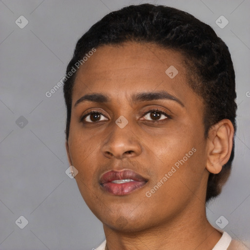 Neutral black young-adult female with short  black hair and brown eyes