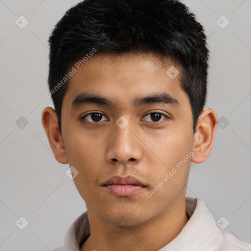 Neutral asian young-adult male with short  brown hair and brown eyes