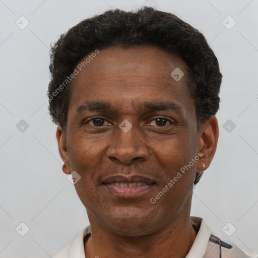 Neutral black adult male with short  brown hair and brown eyes