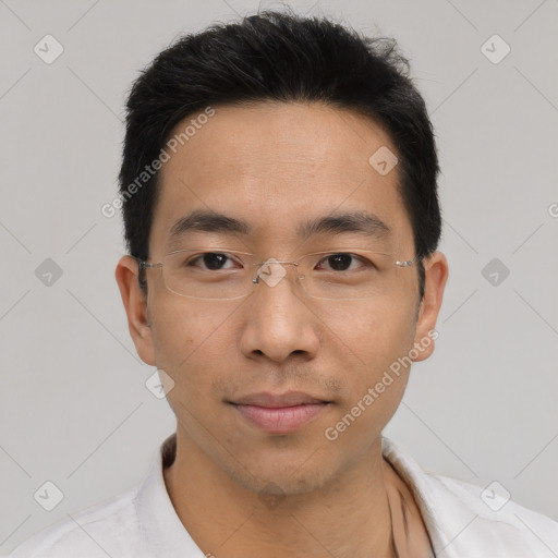 Neutral asian young-adult male with short  black hair and brown eyes