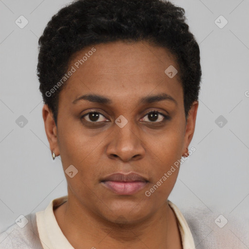 Neutral black young-adult female with short  black hair and brown eyes