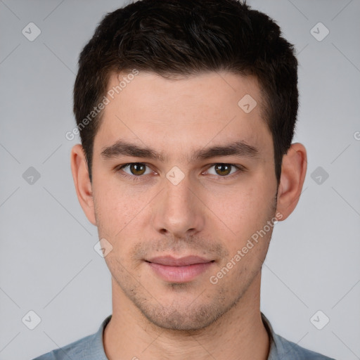 Neutral white young-adult male with short  brown hair and brown eyes