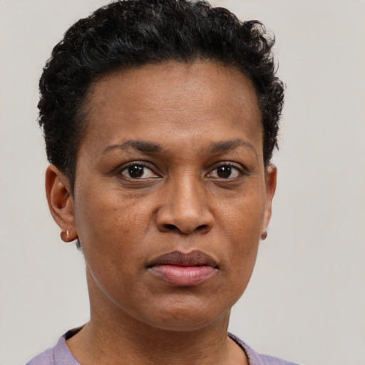 Neutral black adult female with short  brown hair and brown eyes