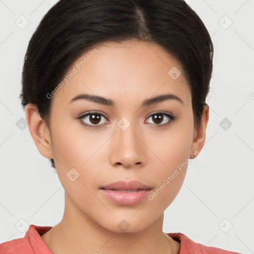 Neutral white young-adult female with short  brown hair and brown eyes