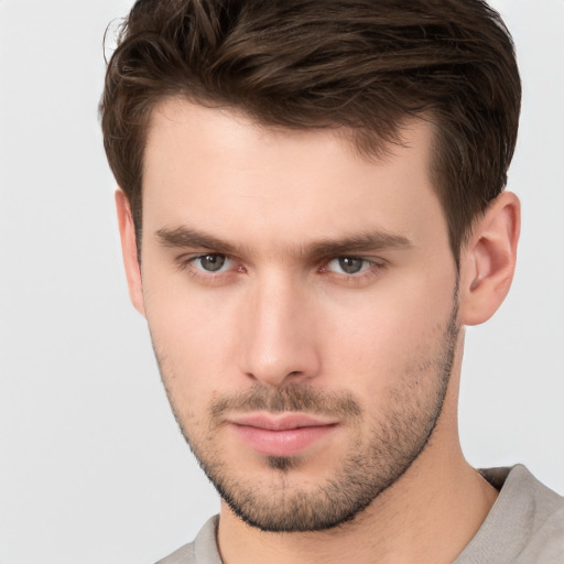 Neutral white young-adult male with short  brown hair and brown eyes