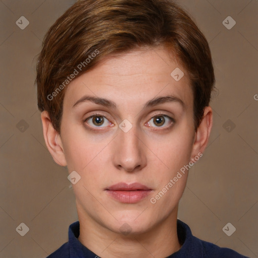 Neutral white young-adult female with short  brown hair and brown eyes