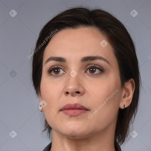 Neutral white young-adult female with medium  brown hair and brown eyes