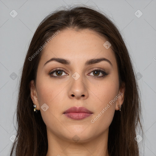 Neutral white young-adult female with long  brown hair and brown eyes