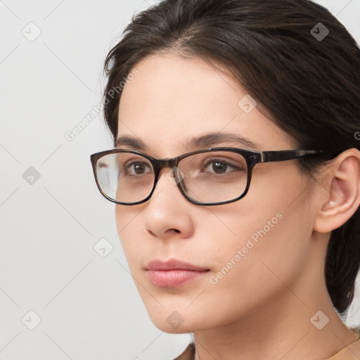 Neutral white young-adult female with medium  brown hair and brown eyes