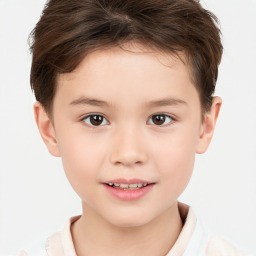 Joyful white child female with short  brown hair and brown eyes