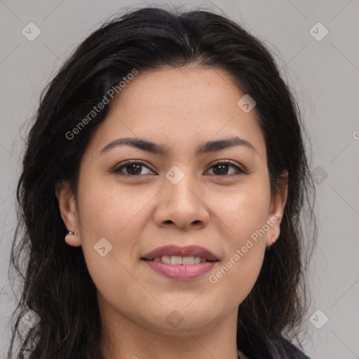 Joyful asian young-adult female with long  brown hair and brown eyes