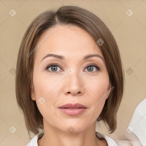 Neutral white young-adult female with medium  brown hair and brown eyes