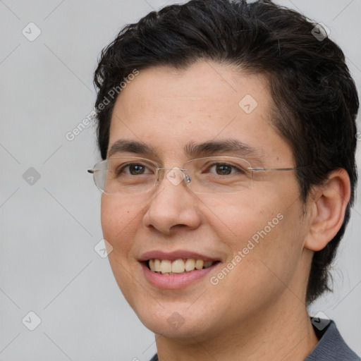 Joyful white adult female with short  brown hair and brown eyes