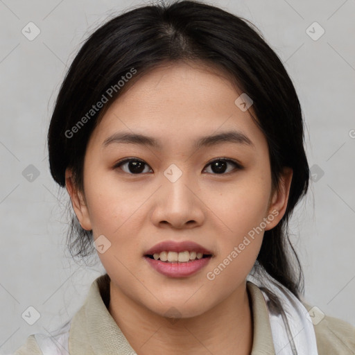 Joyful asian young-adult female with medium  black hair and brown eyes