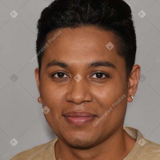 Joyful black young-adult male with short  brown hair and brown eyes