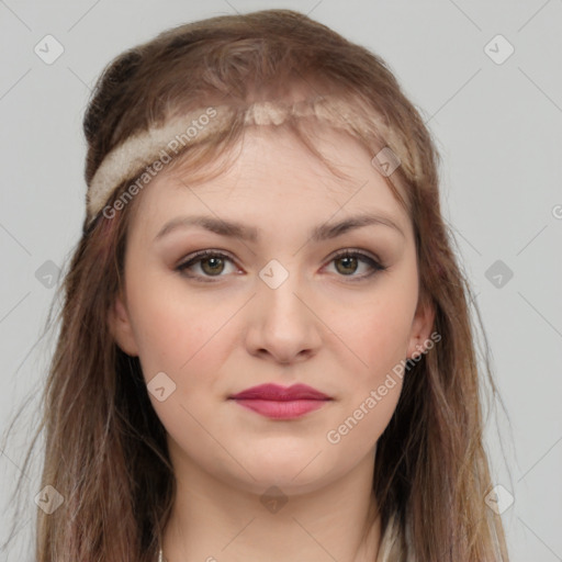 Neutral white young-adult female with long  brown hair and brown eyes