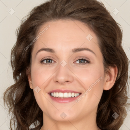 Joyful white young-adult female with long  brown hair and green eyes