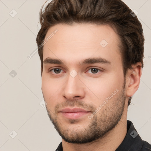 Neutral white young-adult male with short  brown hair and brown eyes