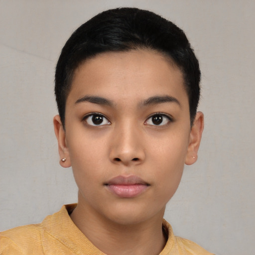 Neutral asian young-adult female with short  black hair and brown eyes