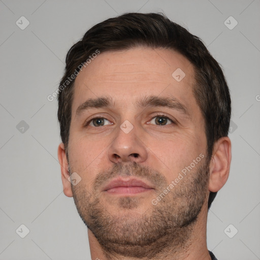 Neutral white adult male with short  brown hair and brown eyes