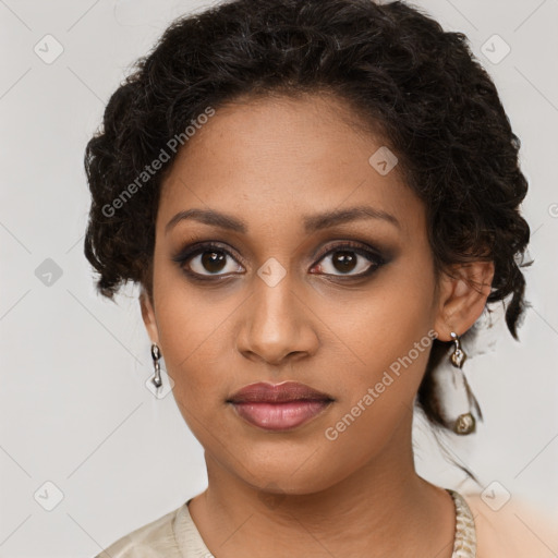 Joyful latino young-adult female with long  brown hair and brown eyes