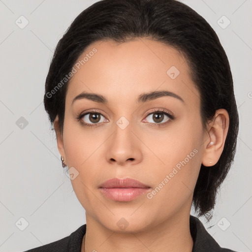 Neutral latino young-adult female with long  black hair and brown eyes