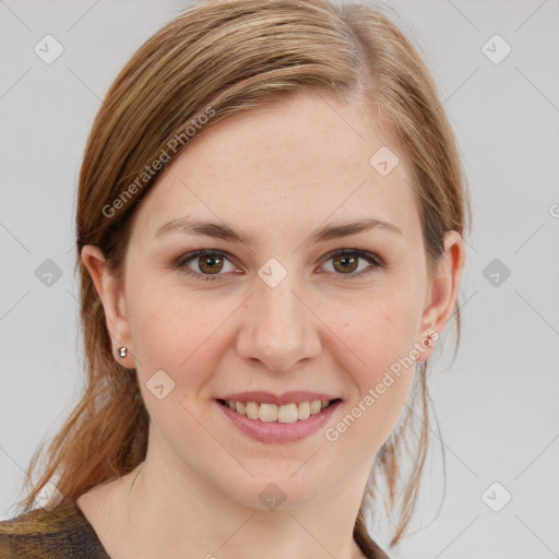 Joyful white young-adult female with medium  brown hair and blue eyes