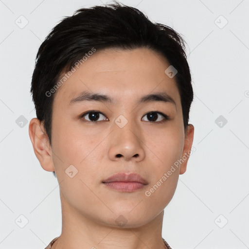 Neutral asian young-adult male with short  black hair and brown eyes