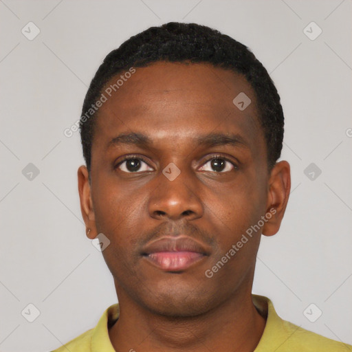 Neutral black young-adult male with short  black hair and brown eyes
