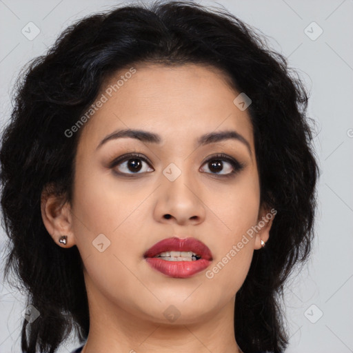 Joyful asian young-adult female with long  brown hair and brown eyes