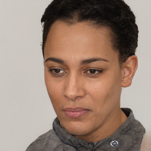 Neutral white young-adult female with short  black hair and brown eyes