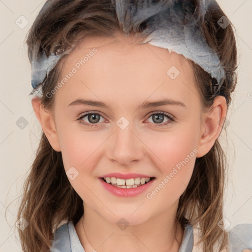 Joyful white child female with medium  brown hair and brown eyes