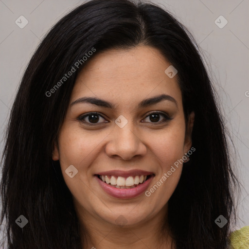 Joyful latino young-adult female with long  brown hair and brown eyes