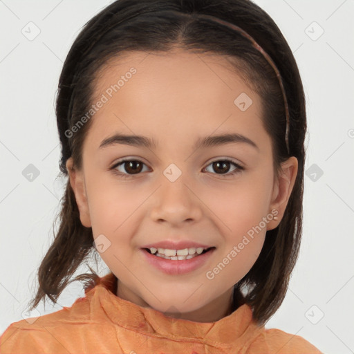 Joyful white child female with medium  brown hair and brown eyes