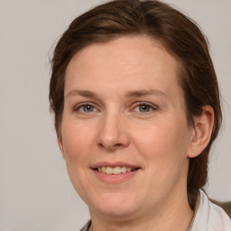 Joyful white adult female with medium  brown hair and grey eyes