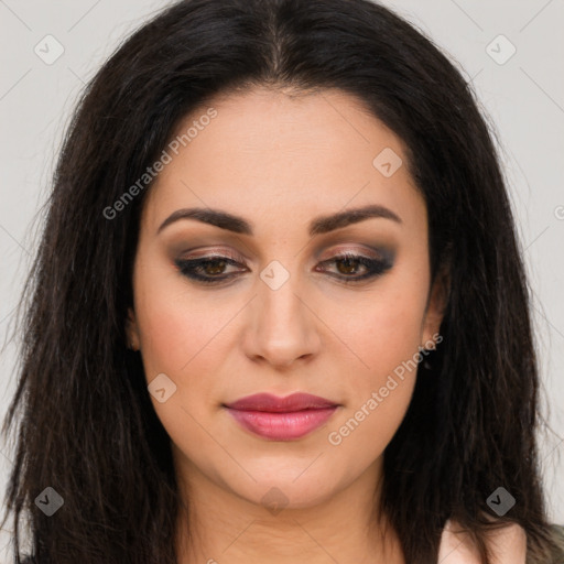 Joyful latino young-adult female with long  brown hair and brown eyes