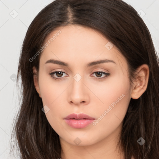 Neutral white young-adult female with long  brown hair and brown eyes