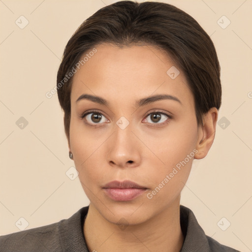 Neutral white young-adult female with short  brown hair and brown eyes