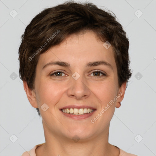 Joyful white young-adult female with short  brown hair and brown eyes